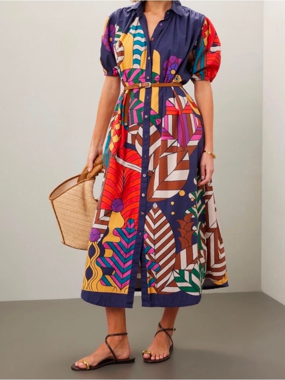 Carolina K Valerie Pleated Geometric Print Puff Sleeve  Kaftan Dress Size S